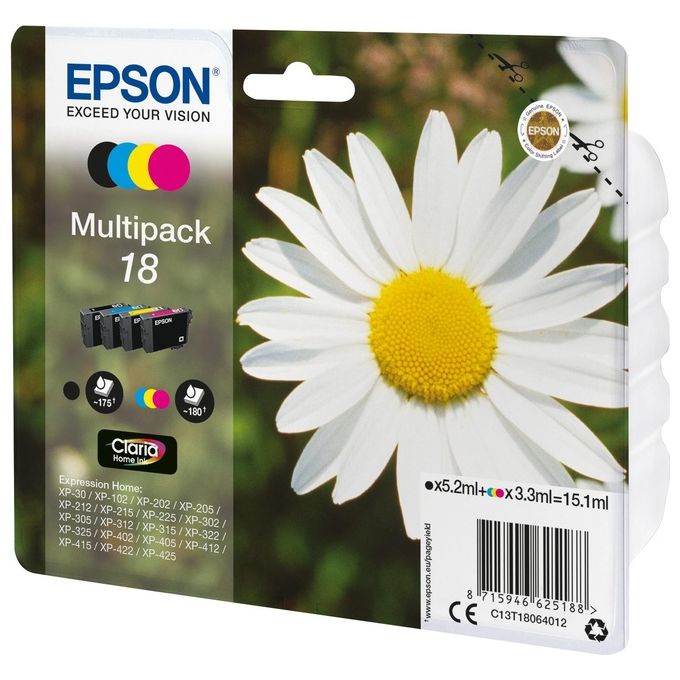 Epson C13T18064022 Serie 18 Margherita Cartucce Originali Claria Home Multipack 4 Colori Inkjet 175 180 pagine colore Nero Ciano Magenta Giallo