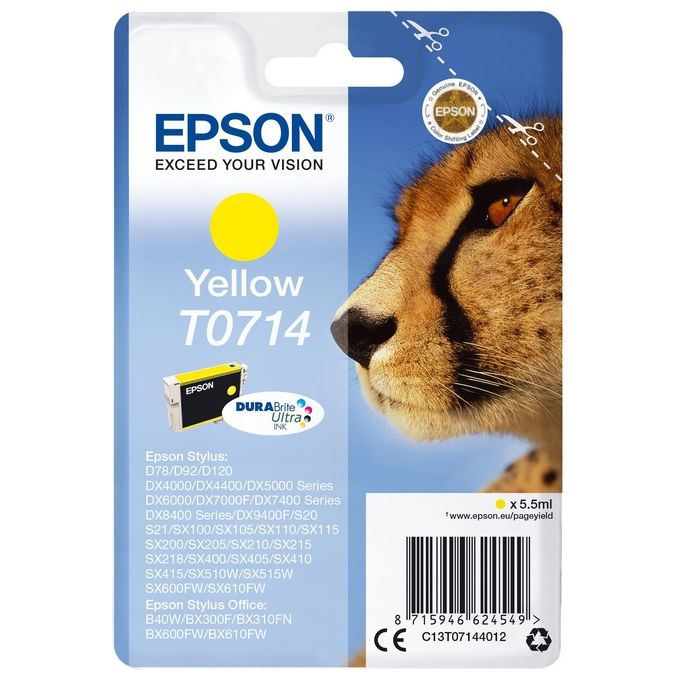 Image of Epson T0714 5.5 ml giallo originale blister cartuccia dinchiostro per Stylus DX9400, SX115, SX210, SX215, SX218, SX415, SX515, SX610, Stylus Office BX310, BX610