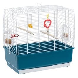 Gabbia per Uccelli Gabbia Gabbia Canarini Rekord 3, Completa di Accessori e Mangiatoie Girevoli, Robusto Metallo Verniciato Bianco e Fondo in Plastica Blu, 49 X 30 X h 48,5 cm