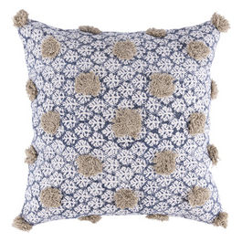 Fodera per cuscino arredo beige e azzurro 45x45 cm, nappine  e pon pon decorativi, Macrame'