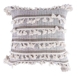 Fodera per cuscino arredo marrone e beige 45x45 cm, decoro a righe e nappine, Macrame'