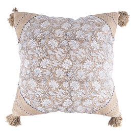 Fodera per cuscino arredo marrone e beige 45x45 cm, decorazione floreale e nappine, Macrame'