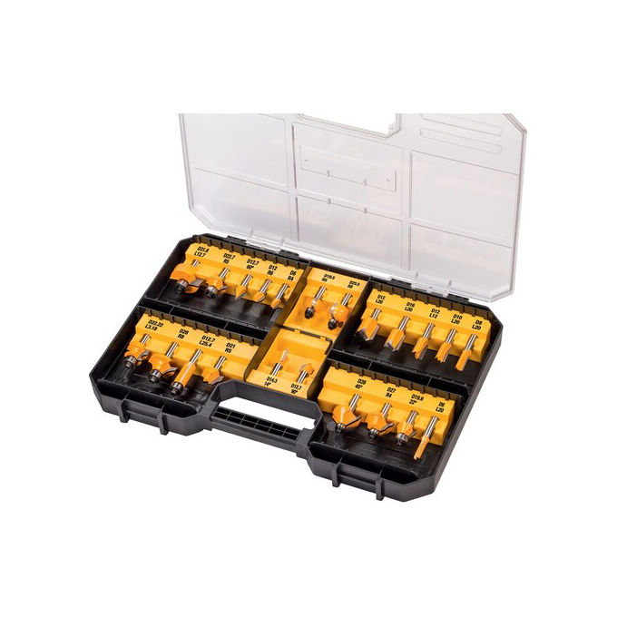DeWalt DT90017-QZ Set di frese 22 pezzi albero da 8 mm HW per fresatura e router contenitore in plastica pieghevole colore Nero-Giallo
