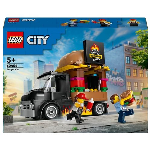 LEGO City 60404 Furgone degli Hamburger Giocattolo, Veicolo per Bambini 5+ Anni, Camion Food Truck con Accessori e 2 Minifigure