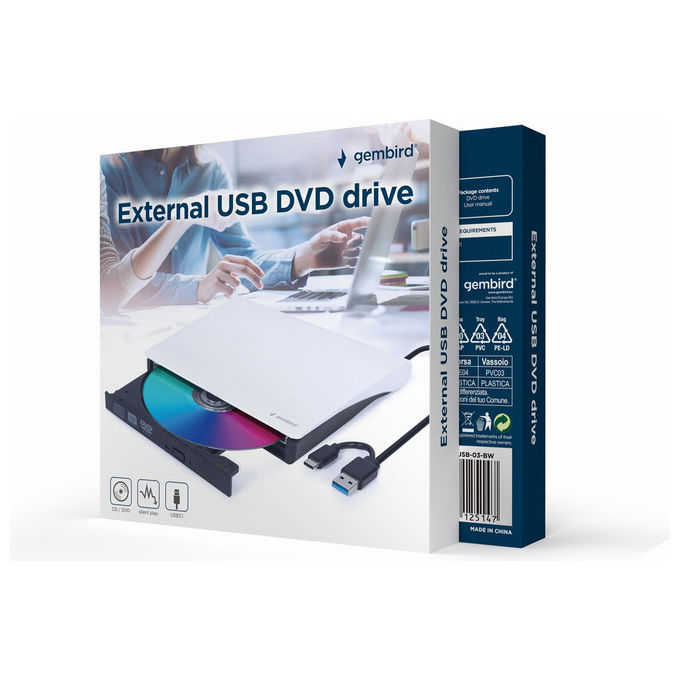 Gembird Lettore DVD±RW Esterno USB 3.1 Nero Bianco DVD-USB-03-BW