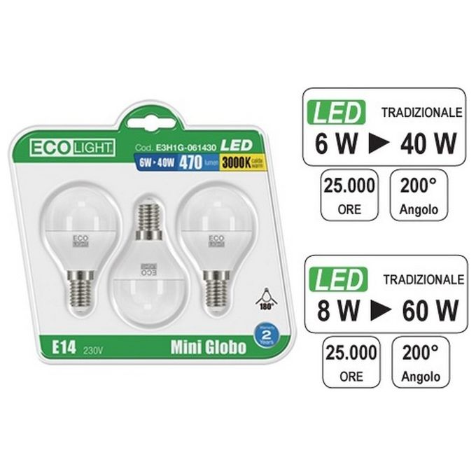 Globo Lampadina Ecolight Led E14M/GL8W C. Confezione 3 Pezzi