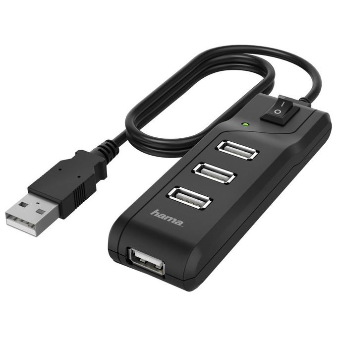 Hama Hub Usb 2.0 da Tavolo 4 Porte Switch On-Off Cavo Integrato Nero