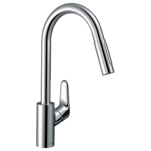 Focus M41 - Rubinetto da cucina con doccetta estraibile (2 getti) Miscelatore cucina con altezza bocca 240 mm Rubinetto monocomando con bocca girevole cromo Cromo ComfortZone 240 mm