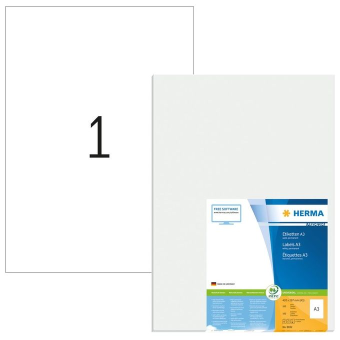 HERMA 8692 Etichette PREMIUM A3 297 x 420 mm Adesivo Permanente per Stampanti Laser Inkjet 100 pz colore Bianco