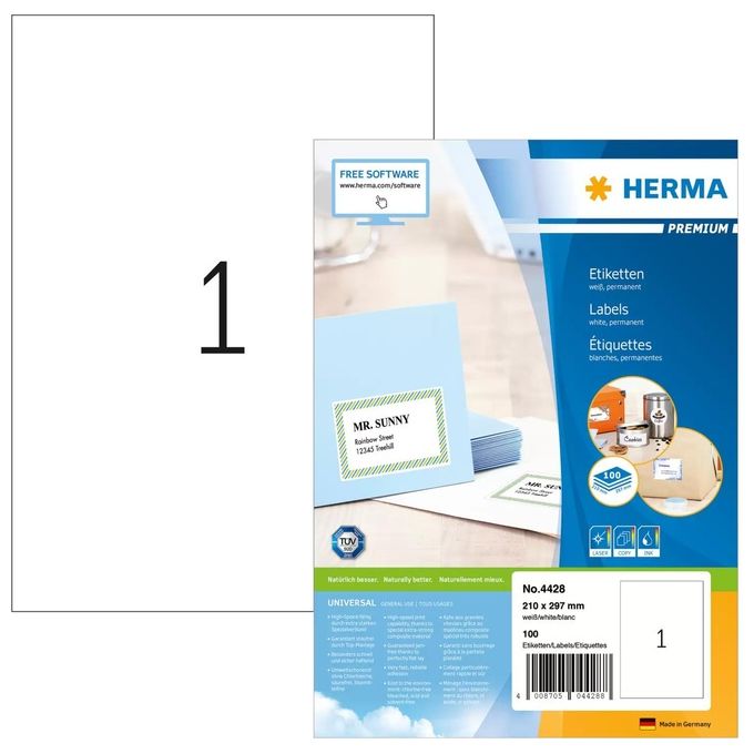 HERMA 4428 Etichetta per stampante autoadesiva A4 per Laser e Inkjet Carta FSC Mix 100 fogli colore Bianco