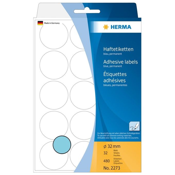 Herma Etichette Multiuso Blu Rotonde 32mm 32 Fogli 480 Pezzi