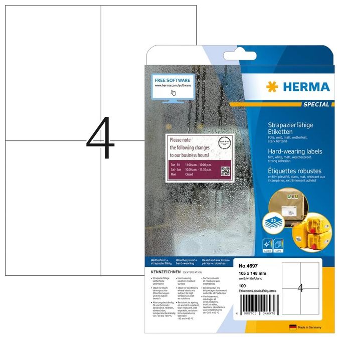 Herma Etichette Resistenti 105x148mm 25 Fogli A4 100 Pezzi