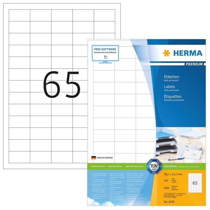 Herma Premium Etichette 38,1x21,2mm 100 Fogli DIN A4 6500 Pezzi