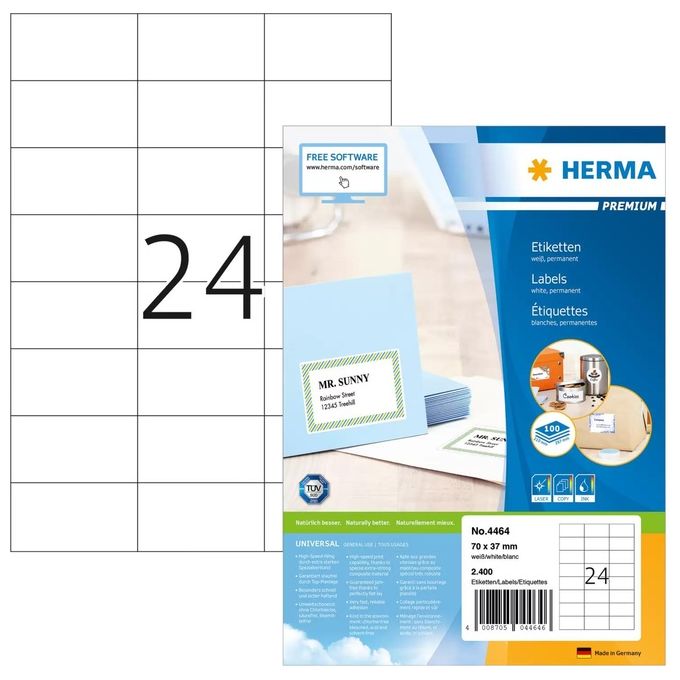 HERMA 4464 Etichette Universali Premium Etichetta per stampante autoadesiva 70 x 37 mm 2400 pz su 100 fogli A4 Laser Inkjet colore Bianco