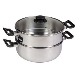 Set vaporiera Cook composto da 1 casseruola di 24 cm con 2 manici, 1 cestello con 2 manici, 1 coperchio in vetro di 24 cm Acciaio, Vetro Grigio