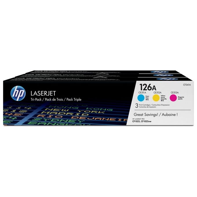 immagine di HP CF341A Toner Laser Originale Tri-Pack Resa 1000 Pagine per Colore Tecnologia ColorSphere Compatibile con HP LaserJet Pro CP1025 MFP M175 M275 colore Ciano Magenta Giallo