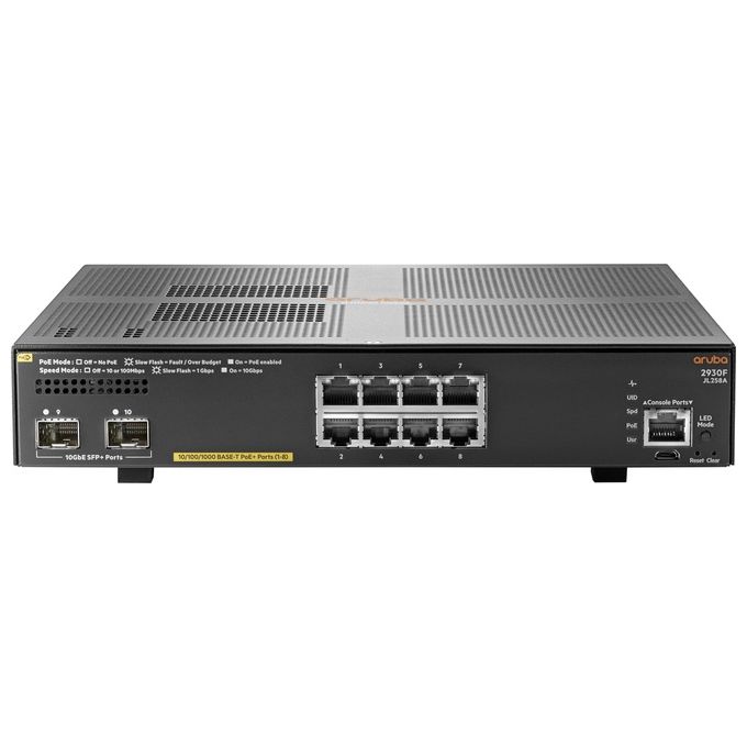 HP Aruba 2930F 8G PoE+ 2SFP+ Switch L3 gestito 8 x 10/100/1000 (PoE+) + 2 x 1 Gigabit / 10 Gigabit SFP+ (uplink) montabile su rack PoE+