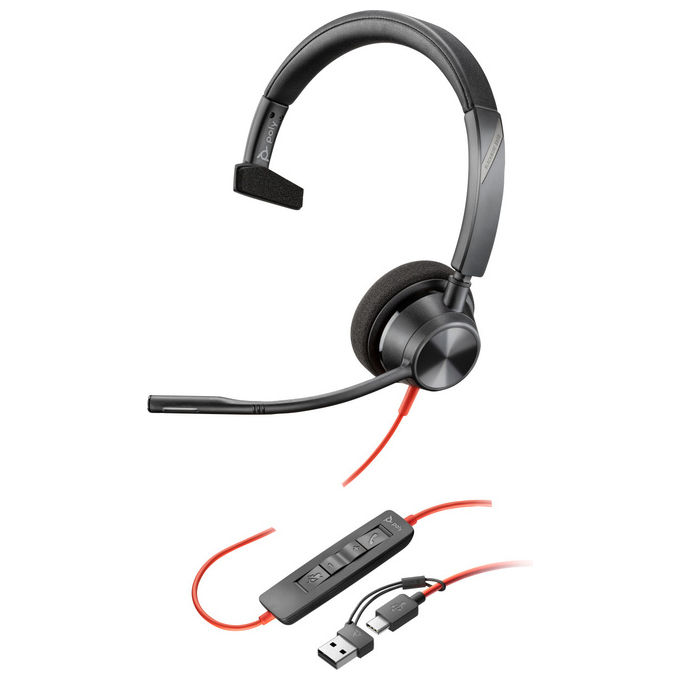 HP Poly Cuffie monoaurali Poly Blackwire 3310 con connettore USB-C + adattatore USB-C/A