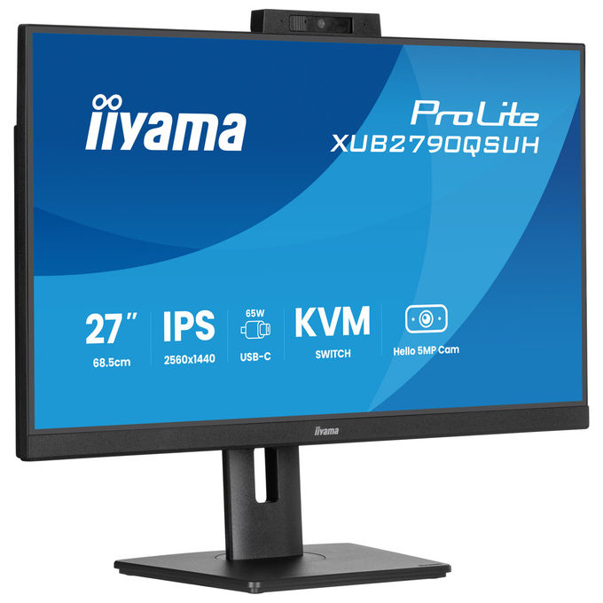 Iiyama ProLite XUB2790QSUH-B2 monitor IPS 27 pollici QHD webcam 5MP Windows Hello hub USB-C 65W KVM integrato nero
