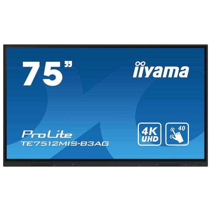 Iiyama Prolite TE7512MIS-B3AG Display IPS LED 74.5" 4K UHD 40 Punti Touch PureTouch IR VGA HDMI USB-C USB3.0/2.0 RS-232c RJ45 HDMI-Out 7H slot OPS WiFi Android OS AntiGlare