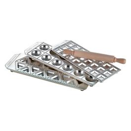 4317 Raviolamp Tris Linea Classica 3 Stampi per Ravioli in Alluminio con Mattarello