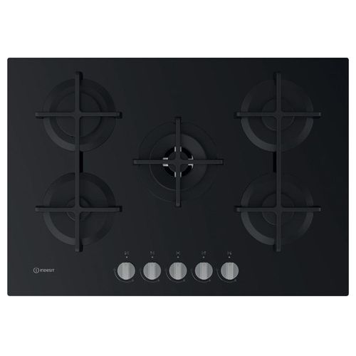 Indesit ING 72T/BK Linea Glass Piano Cottura a Gas 5 Zone 1 High Power Flame Griglie in Ghisa 73 cm Nero