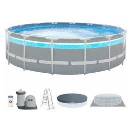 Intex 26730NP Piscina Fuori Terra Prisma Frame Clearview Rotonda Pompa Filtro 5678 L/h Scaletta Telo Base e Copertura 19156 L Acciaio e PVC Grigio 488x122 cm