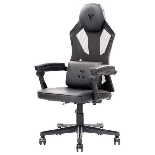 iTek 4CREATORS CF50 Sedia Gaming ergonomica Nero, schienale reclinabile e poggiatesta regolabili, supporto lombare, comfort e design, ideale come sedia ufficio, sedia per studio e poltrona per gamer