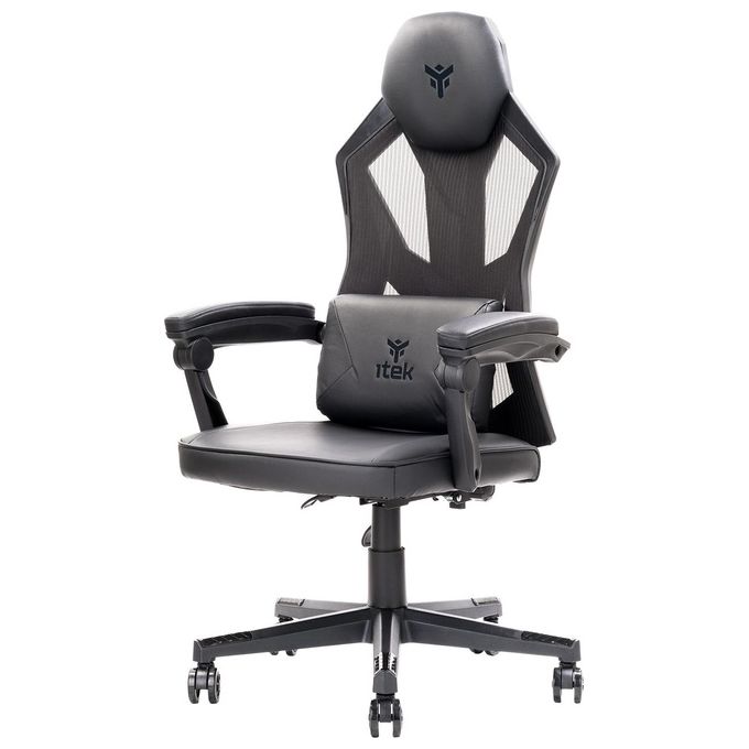 iTek 4CREATORS CF50 Sedia Gaming ergonomica Nero, schienale reclinabile e poggiatesta regolabili, supporto lombare, comfort e design, ideale come sedia ufficio, sedia per studio e poltrona per gamer