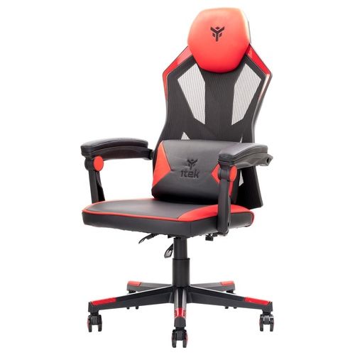 itek Gaming Chair 4CREATORS CF50 Sedia Gaming ergonomica Nero/Rosso, schienale reclinabile e poggiatesta regolabili, supporto lombare, comfort e design, ideale come sedia ufficio, sedia per studio e poltrona per gamer