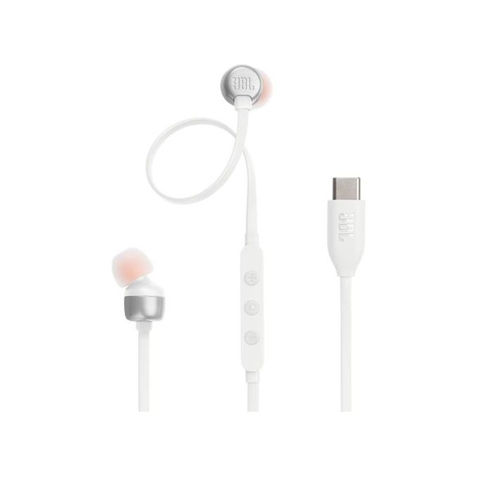 JBL Tune 310 C Auricolari In-Ear ad Alta Risoluzione Audio con Cavo Piatto Antigroviglio Comando a 3 Tasti Bassi Profondi JBL Pure Bass Bianco