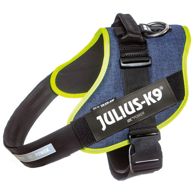 Julius-K9 Pettorina per cani IDC Powerharness Tg. 3 2XL - Tg. 3 (Circonferenza 82-115 cm Peso 40-70 Kg) Jeans Giallo Fluo