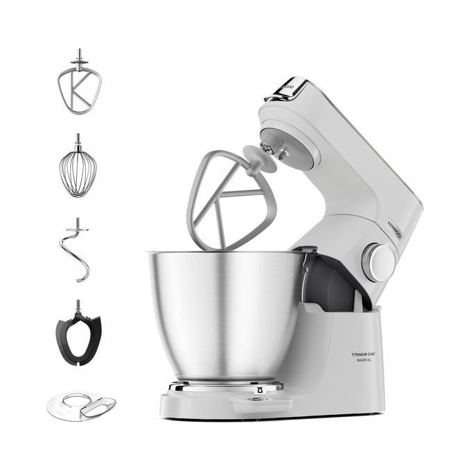 Impastatrice Planetaria KENWOOD Titanium Chef Baker XL Lite KVL65.001WH con 3 ganci e fruste,1200W, 7L, Bianco