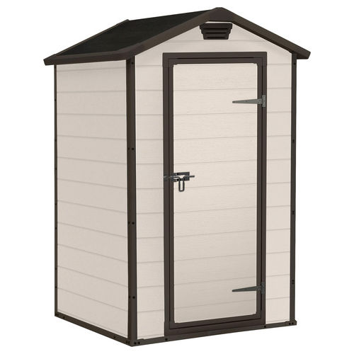 K240024 Manor 4x3 Casetta da Giardino in Resina Porta Singola Tetto a Due Falde Pavimento Incluso Lucchettabile colore Beige