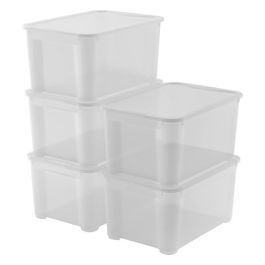 Keter Set di 5 Contenitori in Plastica con Coperchio T Box L, Trasparenti, Ideali per Vestiti e come Portaoggetti, Adatti per Armadi e Garage, 47 L, 55x39x28H cm