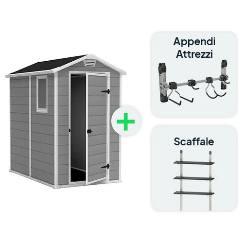 Kit Casetta Manor 4x6 Grigia, 130x192x198H, con Appendi Attrezzi e Scaffale