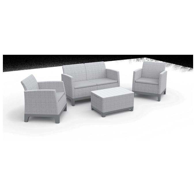 Keter Scandi Forma Lounge Set con cuscini - Poltrone con braccioli chiusi 68x67,2x77,5h Divano 73x126x77,5h Tavolino contenitore 75x52x40h - effetto J