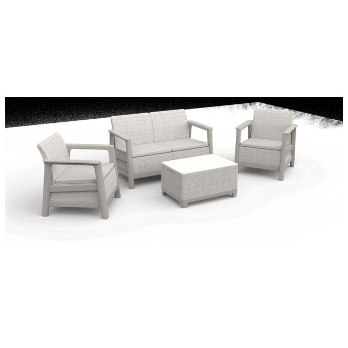Keter Scandi Linea Lounge Set con cuscini - Poltrone con braccioli aperti 73x70,9x77,5h Divano 73x126x77,5h Tavolino contenitore 75x52x40h - effetto J