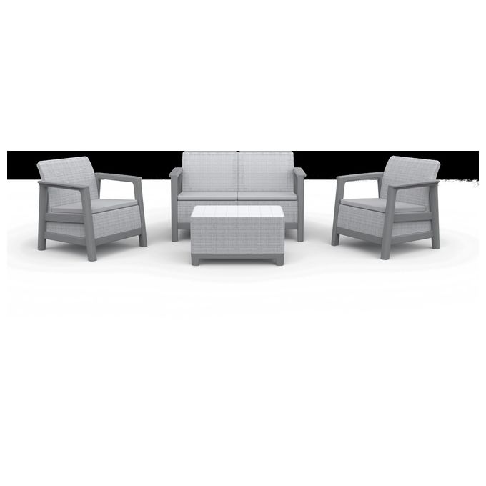 Keter Scandi Linea Lounge Set con cuscini - Poltrone con braccioli aperti 73x70,9x77,5h Divano 73x126x77,5h Tavolino contenitore 75x52x40h - effetto J