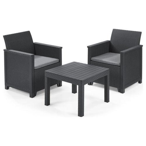 Emma Set da Balcone Rattan Grafite Tavolino e Due Sedie con Cuscini