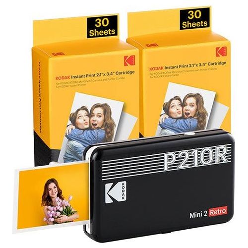 Kodak Mini 2 Retro 4PASS Stampante Fotografica Portatile 5.3x8.6cm con Pacchetto di 68 Fogli Nero