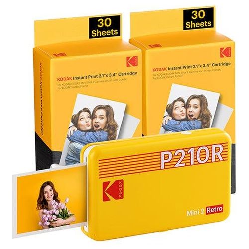 Kodak Mini 2 Retro 4PASS Stampante Fotografica Portatile 5.3x8.6cm con Pacchetto di 68 Fogli Giallo