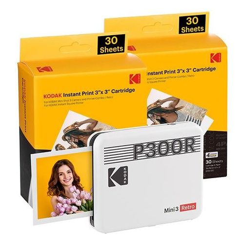 Kodak Mini 3 Retro 4PASS Stampante Fotografica Portatile 7.6x7.6cm con Pacchetto di 68 Fogli Bianco
