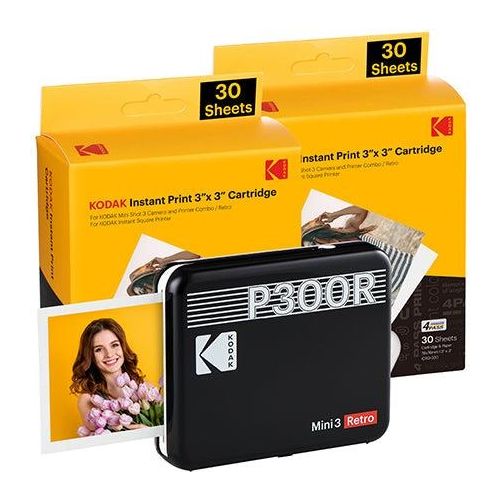 Kodak Mini 3 Retro 4PASS Stampante Fotografica Portatile 7.6x7.6cm con Pacchetto di 60 Fogli Nero