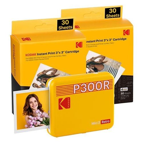 Kodak Mini 3 Retro 4PASS Stampante Fotografica Portatile 7.6x7.6cm con Pacchetto di 68 Fogli Giallo