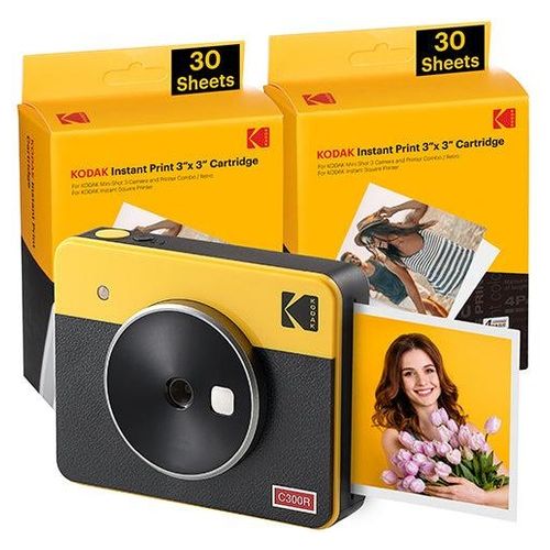 Kodak Mini Shot 3 Retro 4PASS 2-in-1 Fotocamera Istantanea e Stampante Fotografica 7.6x7.6cm con Pacchetto di 68 Fogli Giallo