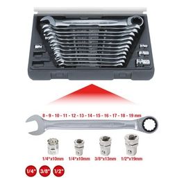 Serie di Chiavi a Cricco Combinate Gearplus 16 Pezzi 8/19mm con Adattatore
