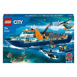 LEGO City 60368 Esploratore Artico, Grande Nave Giocattolo Galleggiante con Elicottero, Gommone, Sottomarino e Relitto Barca