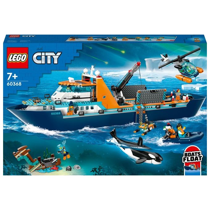 LEGO City 60368 Esploratore Artico, Grande Nave Giocattolo Galleggiante con Elicottero, Gommone, Sottomarino e Relitto Barca