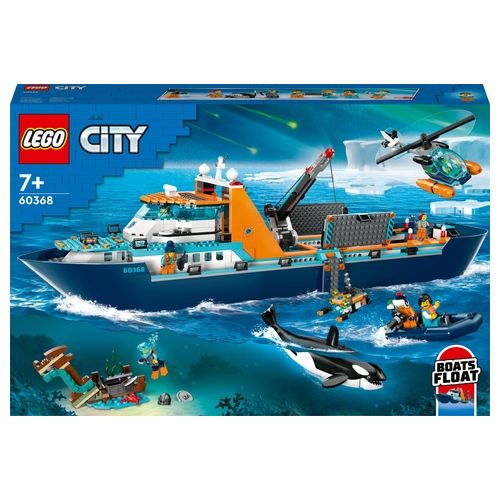 LEGO City 60368 Esploratore Artico, Grande Nave Giocattolo Galleggiante con Elicottero, Gommone, Sottomarino e Relitto Barca